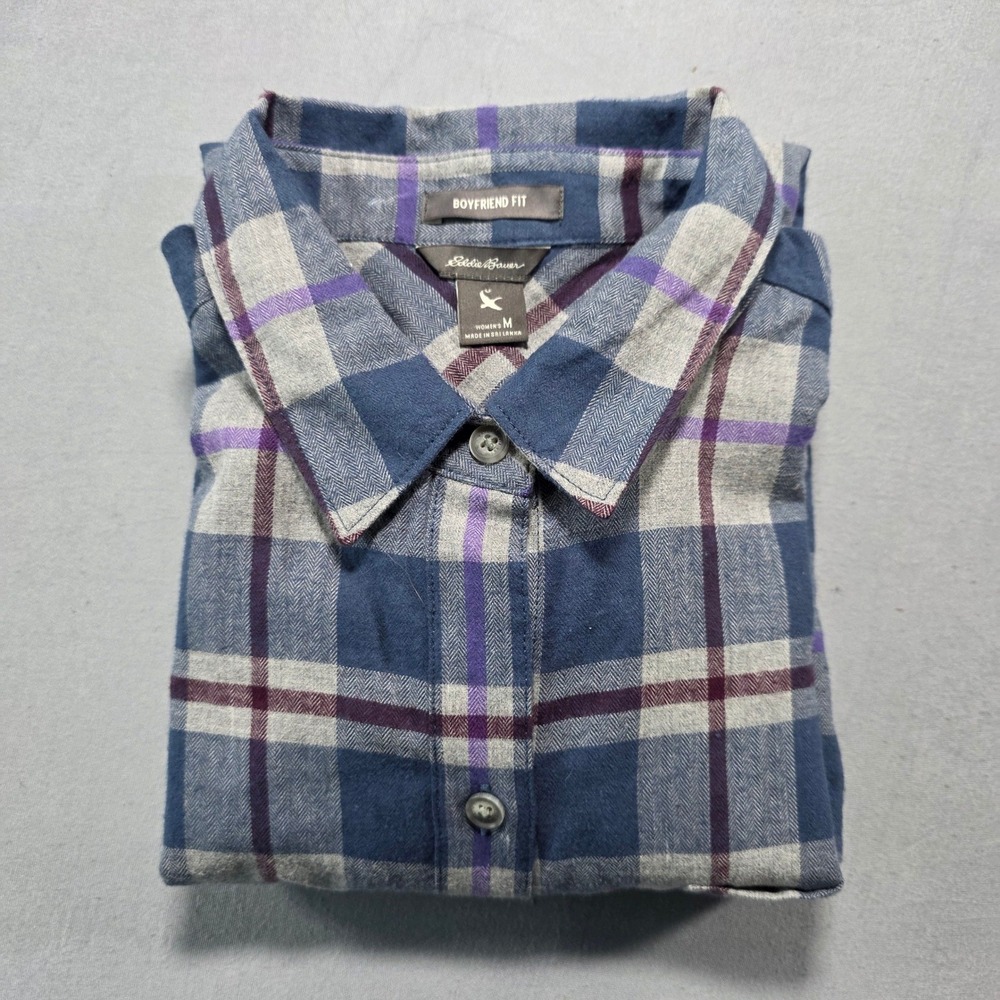 Eddie Bauer Blue Gray Purple Plaid Boyfriend Button-Down light flannel Shirt